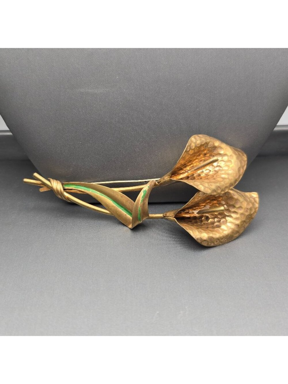 Vintage Brass Calla Lily Brooch 4" Hammered Floral Pin Statement Piece